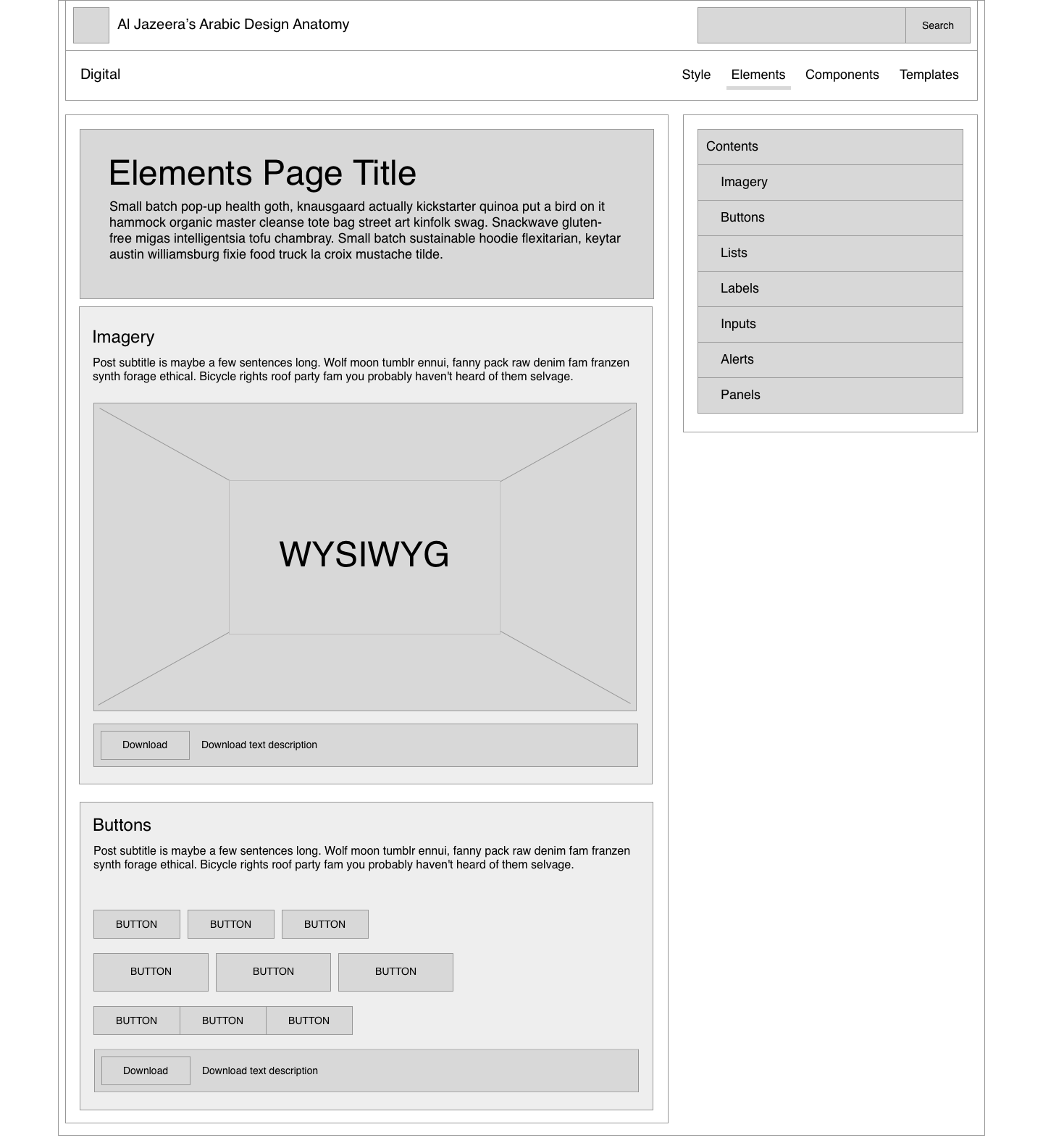 Al Jazeera Design Language System - Wireframe - Elements page